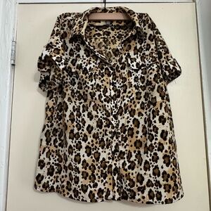 Essentials Leopard Print Button-Down Short Sleeve Shirt - Cream, Brown, Black
